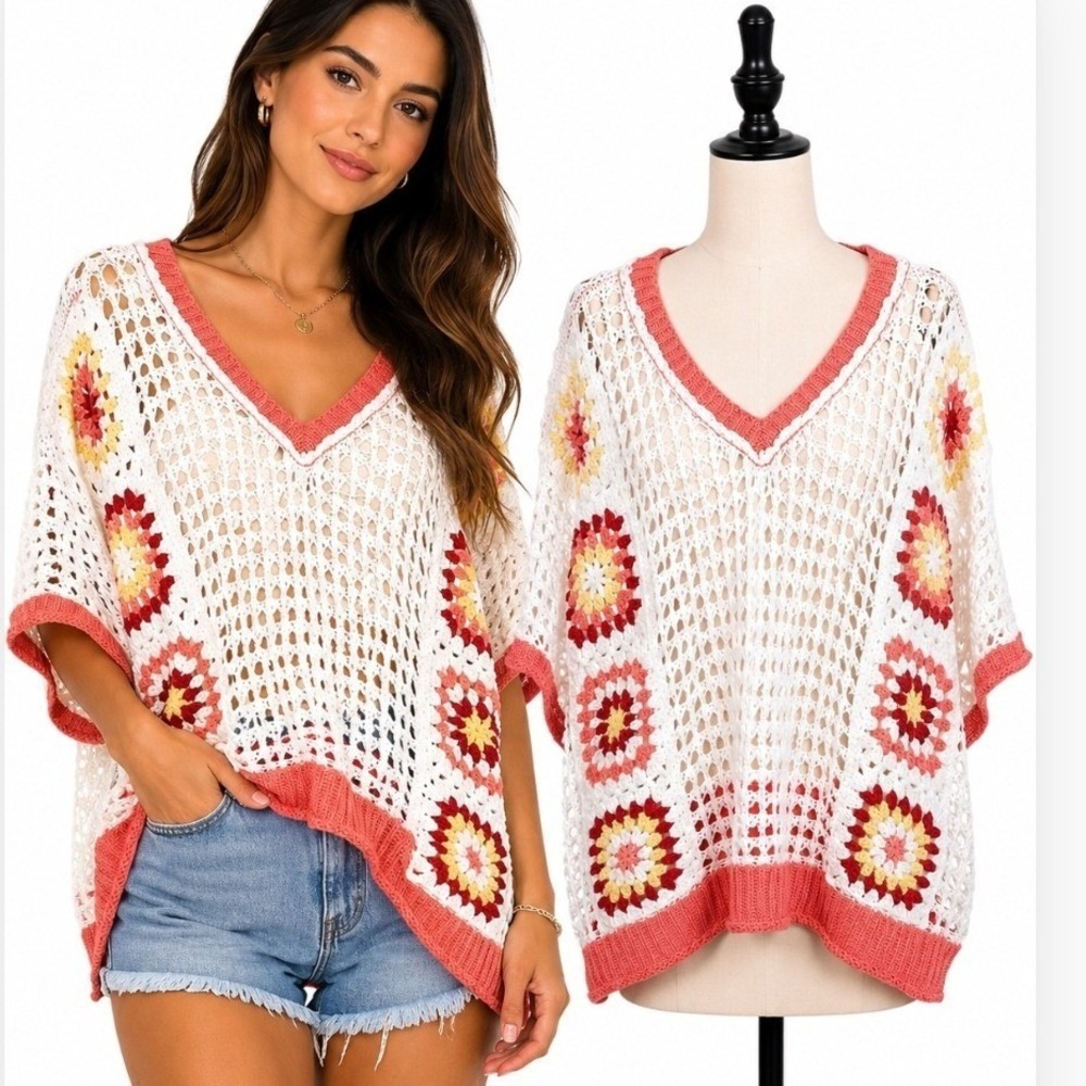 Mello Crochet Knit Top Womens Large White Coral Granny Square Festival Reto